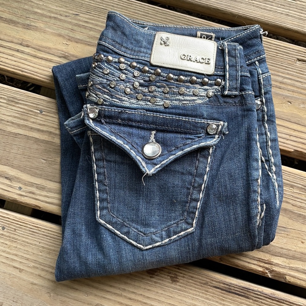 Grace in LA bootcut dark wash bling jeans